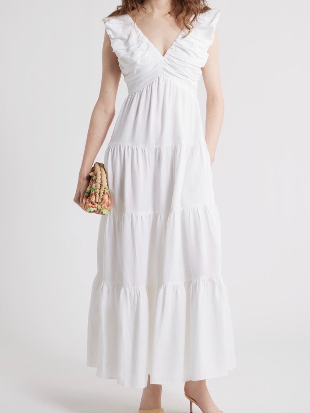 White Ruffled V-Neck Maxi Dress